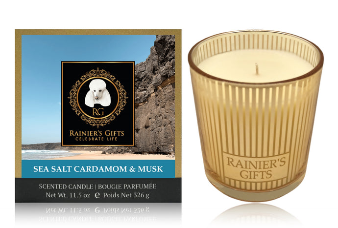 Rainier’s Gifts Classic Scented Candle (Sea Salt Cardamom & Musk) - Aromatherapy, 11.5 oz, 55-65 Hours Average Burn Time