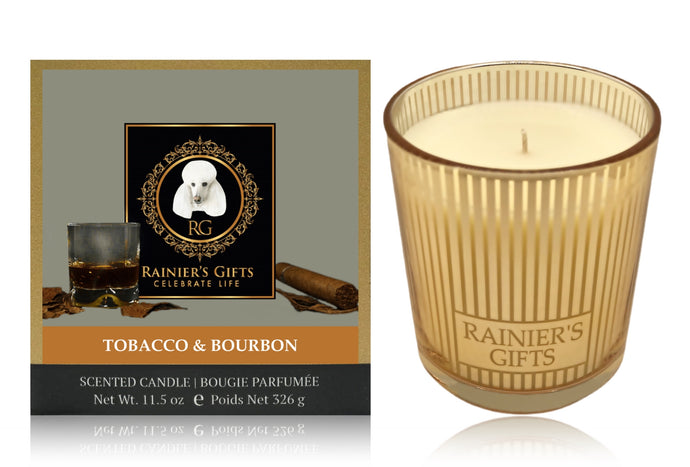 Rainier’s Gifts Classic Scented Candle (Tobacco & Bourbon) - Aromatherapy, 11.5 oz, 55-65 Hours Average Burn Time